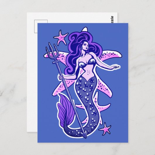 Lila und blaue Retro-Button-Up-Meerjungfrau Postkarte (Vorne/Hinten)