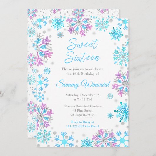 Lila und blaue Schneeflocken 16 . Geburtstag Einladung (Vorne/Hinten)
