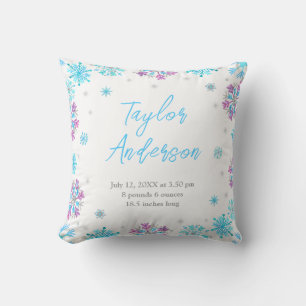 Lila und blaue Schneeflocken Baby-Geburtenstatisti Kissen