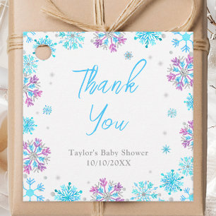 Lila und blaue Schneeflocken-Baby-Shower-Dankeschö Geschenkanhänger