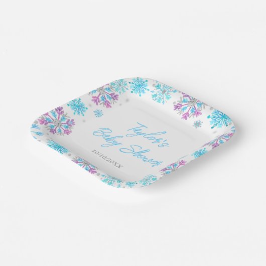 Lila und blaue Schneeflocken Babydusche Pappteller (Gewinkelt)