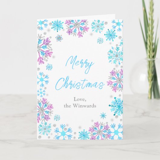 Lila und blaue Schneeflocken Frohe Weihnachten (Vorderseite)