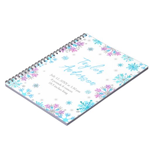 Lila und blaue Schneeflocken Geburtsstunde Notizblock (Linke Seite)