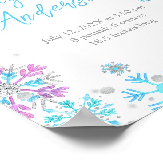 Lila und blaue Schneeflocken Geburtsstunde Poster (Ecke)