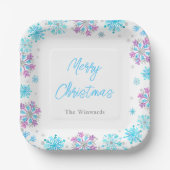 Lila und blaue Schneeflocken Party Pappteller (Vorderseite)