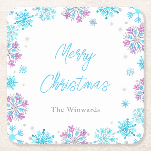 Lila und blaue Schneeflocken Party Rechteckiger Pappuntersetzer (Vorderseite)