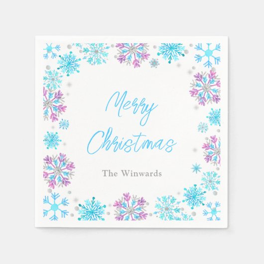Lila und blaue Schneeflocken Party Serviette (Vorderseite)