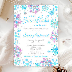 Lila und blaue Schneeflocken Winter-Baby-Party Einladung