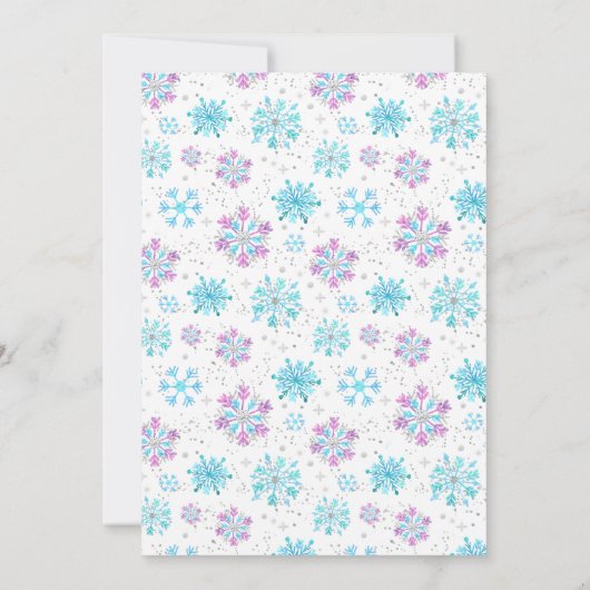 Lila und blaue Schneeflocken Worte der Weisheit Einladung (Rückseite)