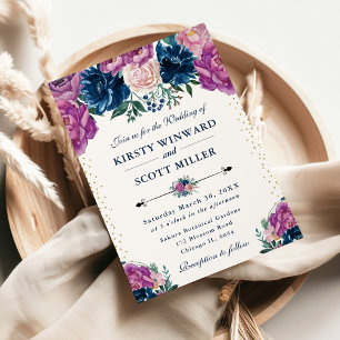 Lila und Blaue Sommerblumen Hochzeit Einladung