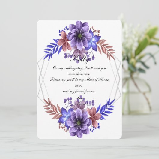 Lila und blaue Trauzeugin Einladung (Stehend Vorderseite)