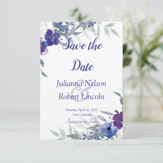 Lila und blaue Wasserfarbe Save the Date Einladung (Stehend Vorderseite)