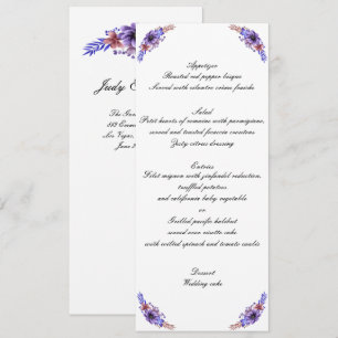 Lila und blaue Wasserfarben Blumenhochzeitsmenü Einladung