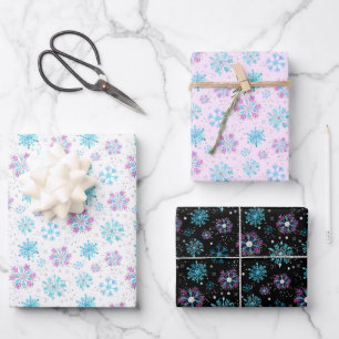 Lila- und Blaue Winter-Schneeflocken-Muster Geschenkpapier Set