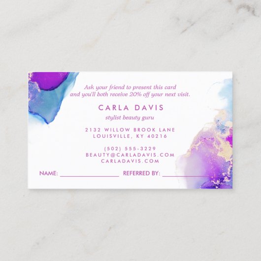 Lila und blauer Eleganter Wasserfarben Alkohol Tin Empfehlungskarte (Rückseite)