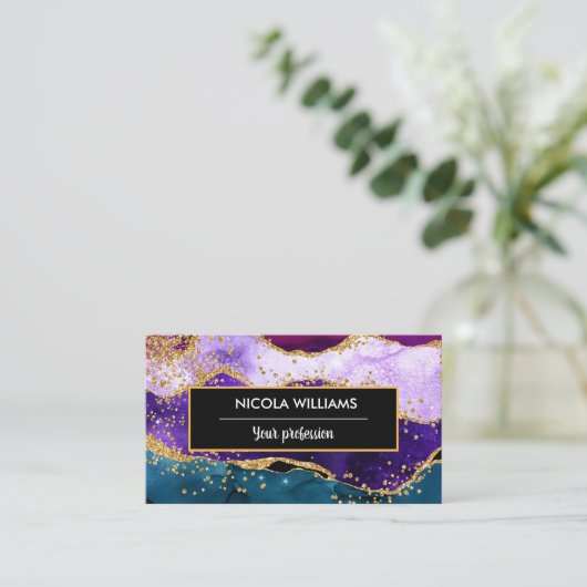 Lila und blauer Glitzer Peacock Agate Visitenkarte (Stehend Vorderseite)