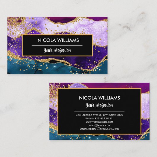 Lila und blauer Glitzer Peacock Agate Visitenkarte (Vorne/Hinten)