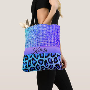 Lila und blauer Leopard und Pixel Personalisiert Tasche