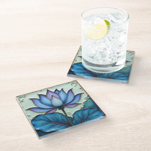 Lila und blauer Lotus-Untersetzer Glasuntersetzer (Schrägansicht)