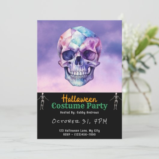 Lila und blauer Schädel und Wolken Schwarzes Hallo Einladung (Stehend Vorderseite)