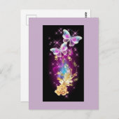 Lila und blauer Schmetterling mit goldener Rose Postkarte (Vorne/Hinten)