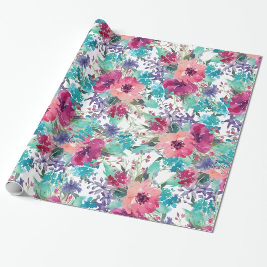 Lila und blaues Muster mit blühenden Wasserfarben Geschenkpapier (Ungerollt)