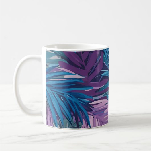 Lila und blaues Palmenblatt tropisches Muster Kaffeetasse (Links)