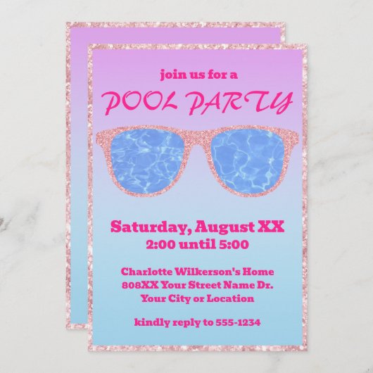Lila und blaues tropisches Pool-Party Einladung (Vorne/Hinten)
