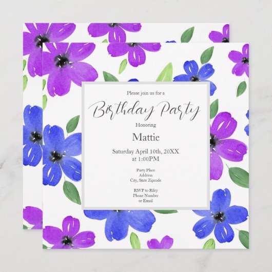 Lila und blaues Wasserfarbenflormotiv Einladung (Vorne/Hinten)