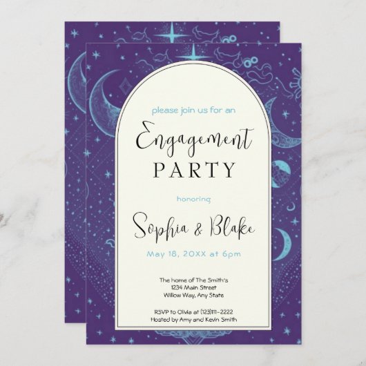 Lila und Blue Celestial Moon Engagement Party Einladung (Vorne/Hinten)
