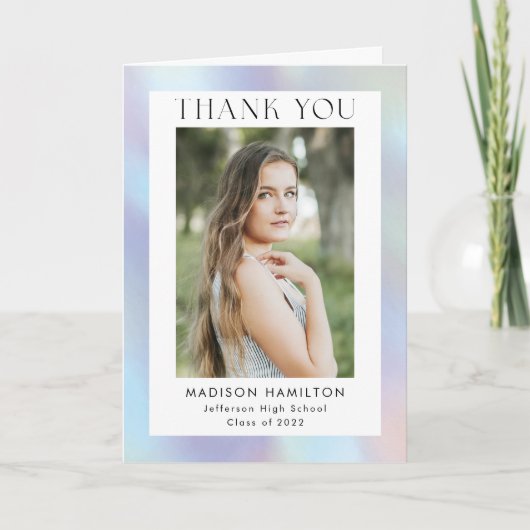 Lila und Blue Holographic Foto Abschluss Dankeskarte (Vorderseite)