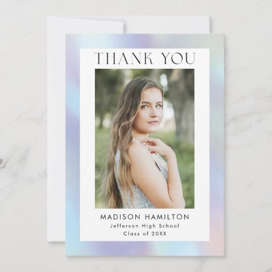 Lila und Blue Holographic Foto Abschluss Dankeskarte (Vorderseite)