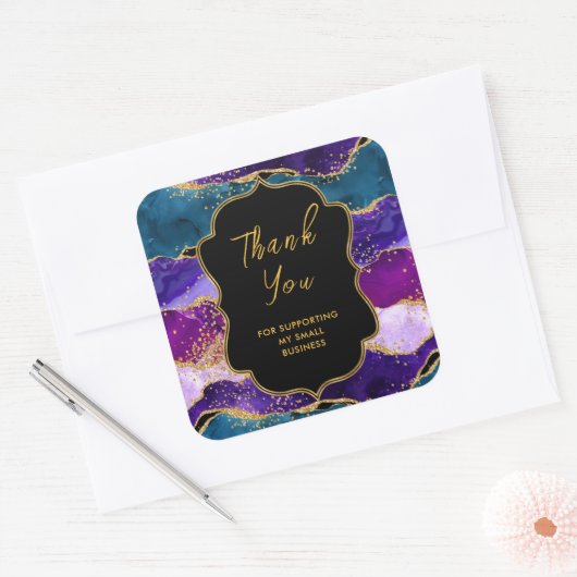 Lila und Blue Peacock Agate Business Vielen Dank Quadratischer Aufkleber (Umschlag)