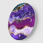 Lila und Blue Peacock Imitats Glitzer Agate Große Wanduhr (Winkel)