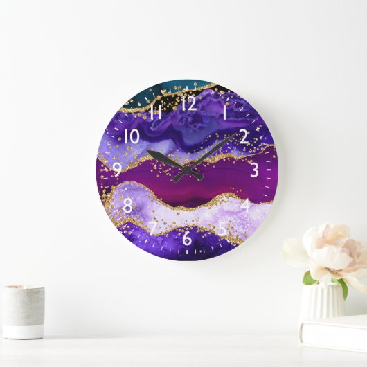 Lila und Blue Peacock Imitats Glitzer Agate Große Wanduhr (Zuhause)