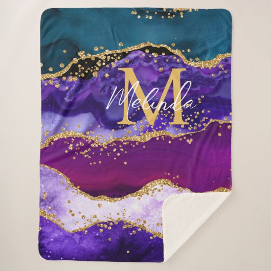 Lila und Blue Peacock Imitats Glitzer Agate Sherpadecke (Vorderseite)