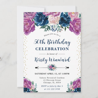 Lila und Blue Summer Blume 50. Geburtstag Einladung