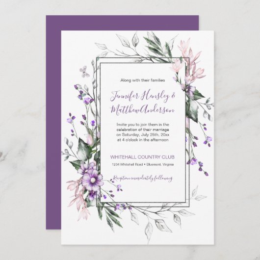 Lila und blütenfarbenes Blumenbündel | Einladung (Vorne/Hinten)
