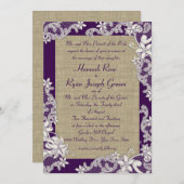 Lila und Burlap-Vintage Blumen Einladung (Vorne/Hinten)
