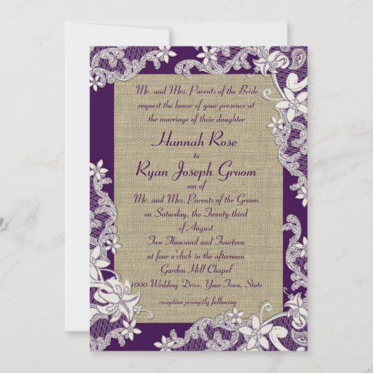 Lila und Burlap-Vintage Blumen Einladung (Vorderseite)