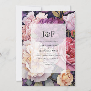 Lila und Champagner Blumenehe-Monogramm Einladung