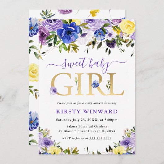 Lila und creme Summer Blume Kinderdusche Einladung (Vorne/Hinten)