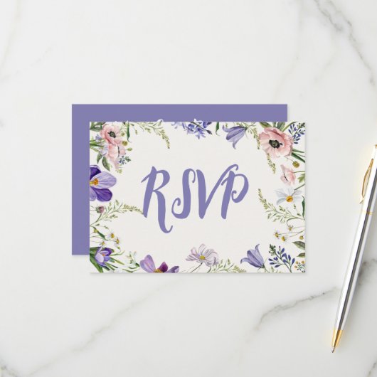 Lila und cremefarbene Blütenhochzeit RSVP Karte (Vorderseite/Rückseite Beispiel)