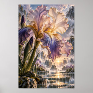 Lila und cremefarbene Schwertlilie mit Wasserfall- Poster