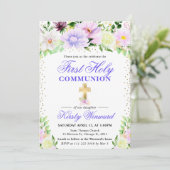 Lila und cremige Blume Erste Heilige Kommune Einladung (Stehend Vorderseite)