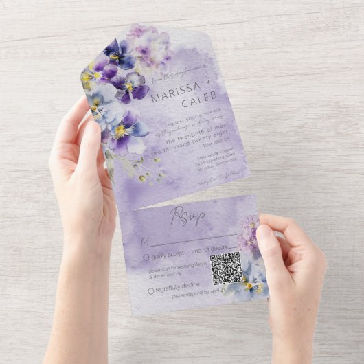Lila- und gelbblütenmodisch - QR-Code All In One Einladung (Abreißen)