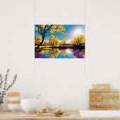 Lila und gelbe Baumreflexion am Friedlichen See Poster (Küche)