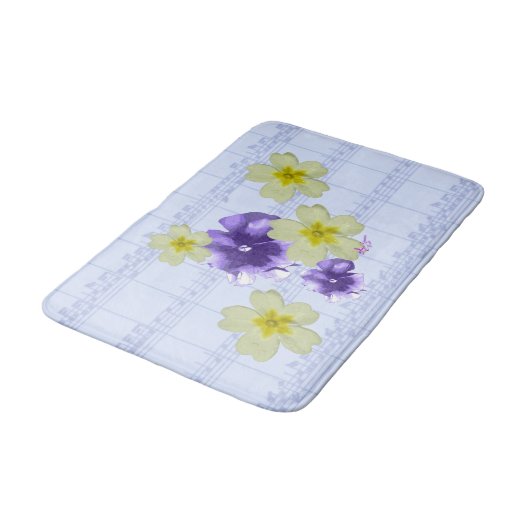 Lila und gelbe Blumen Blauer Blatt Bath Mat Badematte (Schrägansicht)