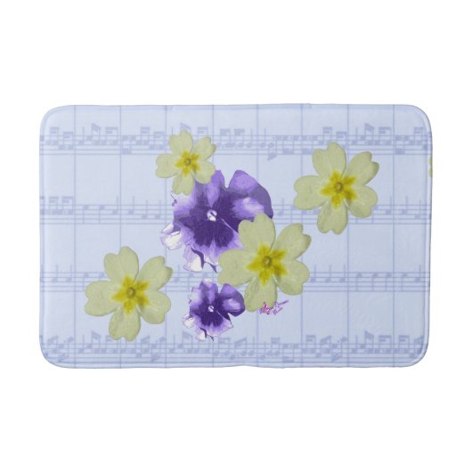 Lila und gelbe Blumen Blauer Blatt Bath Mat Badematte (Vorderseite)