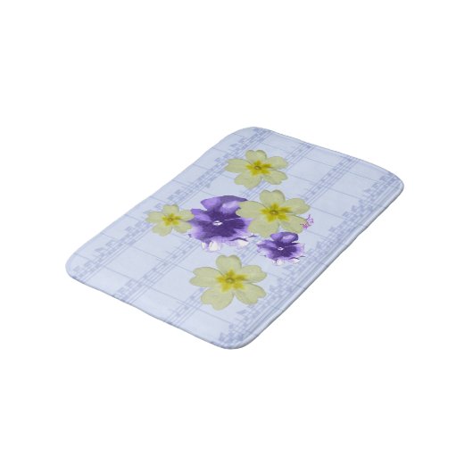 Lila und gelbe Blumen Blauer Blatt Bath Mat Badematte (Schrägansicht)
